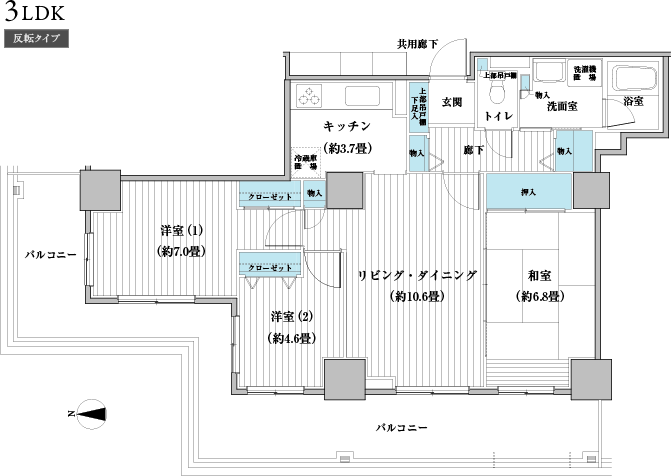 【A type】専有面積：74.94m2（約22.66坪）　バルコニー面積：21.30m2～30.65m2